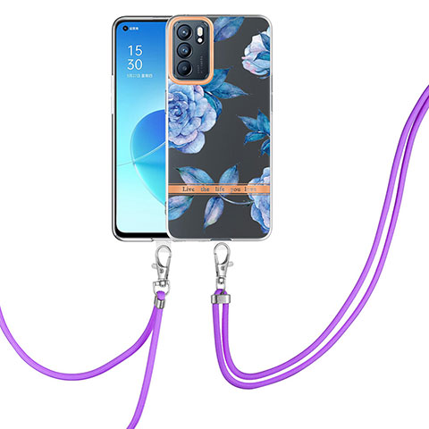 Handyhülle Silikon Hülle Gummi Schutzhülle Flexible Modisch Muster mit Schlüsselband Lanyard Y06B für Oppo Reno6 5G Blau