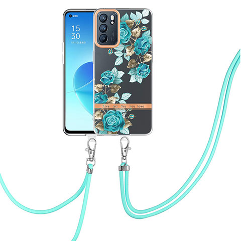 Handyhülle Silikon Hülle Gummi Schutzhülle Flexible Modisch Muster mit Schlüsselband Lanyard Y06B für Oppo Reno6 5G Cyan