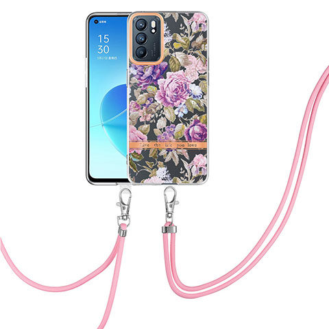 Handyhülle Silikon Hülle Gummi Schutzhülle Flexible Modisch Muster mit Schlüsselband Lanyard Y06B für Oppo Reno6 5G Violett