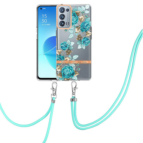 Handyhülle Silikon Hülle Gummi Schutzhülle Flexible Modisch Muster mit Schlüsselband Lanyard Y06B für Oppo Reno6 Pro 5G Cyan