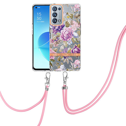 Handyhülle Silikon Hülle Gummi Schutzhülle Flexible Modisch Muster mit Schlüsselband Lanyard Y06B für Oppo Reno6 Pro 5G Helles Lila