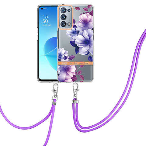 Handyhülle Silikon Hülle Gummi Schutzhülle Flexible Modisch Muster mit Schlüsselband Lanyard Y06B für Oppo Reno6 Pro+ Plus 5G Violett