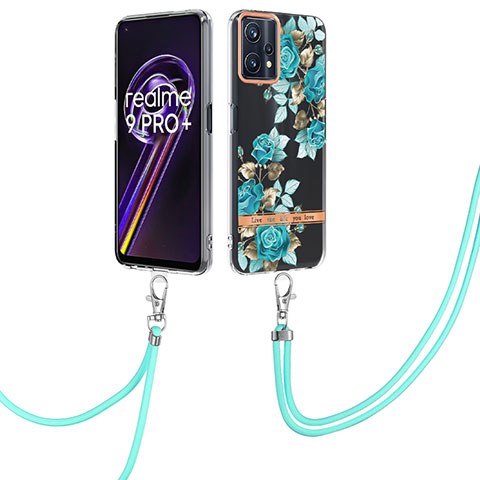 Handyhülle Silikon Hülle Gummi Schutzhülle Flexible Modisch Muster mit Schlüsselband Lanyard Y06B für Realme 9 5G Cyan