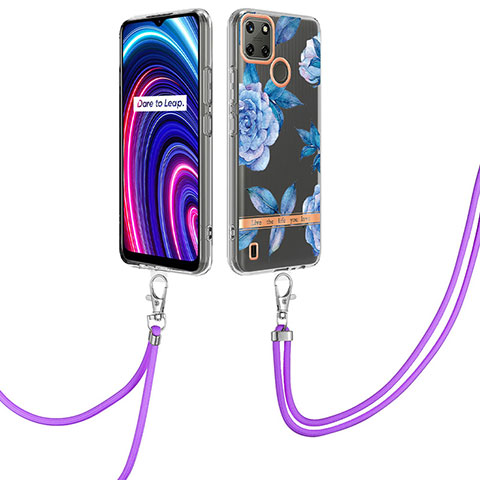 Handyhülle Silikon Hülle Gummi Schutzhülle Flexible Modisch Muster mit Schlüsselband Lanyard Y06B für Realme C21Y Blau