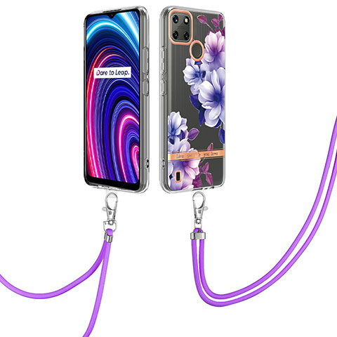 Handyhülle Silikon Hülle Gummi Schutzhülle Flexible Modisch Muster mit Schlüsselband Lanyard Y06B für Realme C21Y Violett