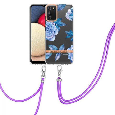 Handyhülle Silikon Hülle Gummi Schutzhülle Flexible Modisch Muster mit Schlüsselband Lanyard Y06B für Samsung Galaxy A02s Blau