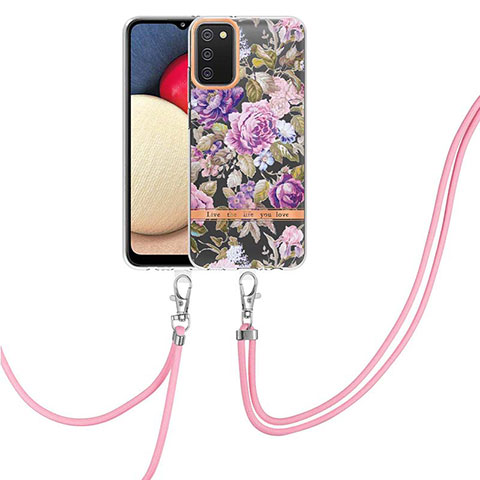 Handyhülle Silikon Hülle Gummi Schutzhülle Flexible Modisch Muster mit Schlüsselband Lanyard Y06B für Samsung Galaxy A02s Helles Lila