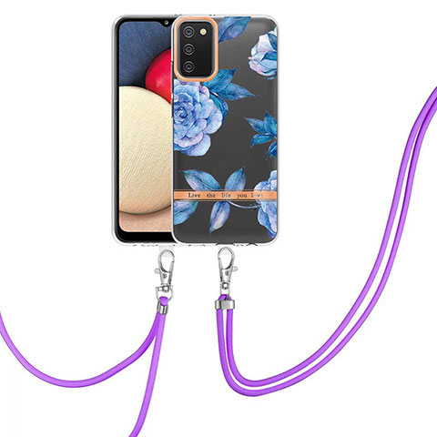 Handyhülle Silikon Hülle Gummi Schutzhülle Flexible Modisch Muster mit Schlüsselband Lanyard Y06B für Samsung Galaxy A03s Blau