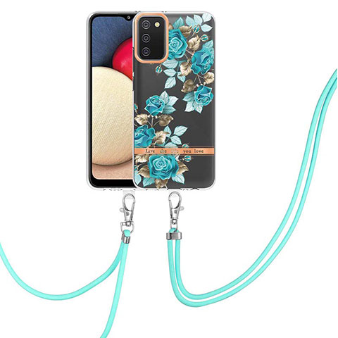 Handyhülle Silikon Hülle Gummi Schutzhülle Flexible Modisch Muster mit Schlüsselband Lanyard Y06B für Samsung Galaxy A03s Cyan