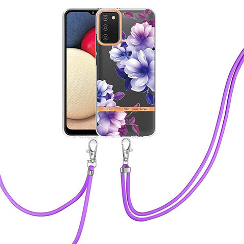 Handyhülle Silikon Hülle Gummi Schutzhülle Flexible Modisch Muster mit Schlüsselband Lanyard Y06B für Samsung Galaxy A03s Violett