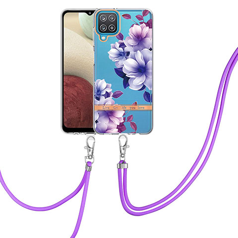 Handyhülle Silikon Hülle Gummi Schutzhülle Flexible Modisch Muster mit Schlüsselband Lanyard Y06B für Samsung Galaxy A12 5G Violett