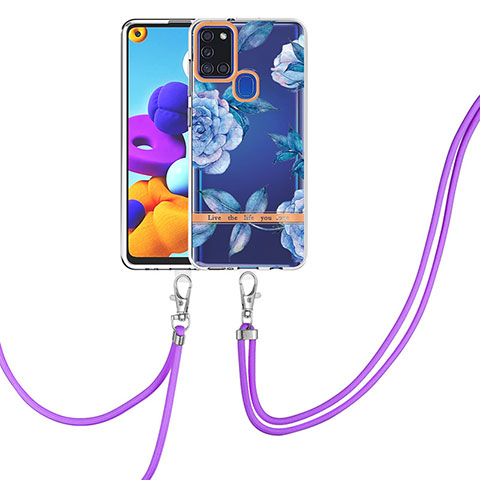 Handyhülle Silikon Hülle Gummi Schutzhülle Flexible Modisch Muster mit Schlüsselband Lanyard Y06B für Samsung Galaxy A21s Blau