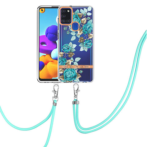 Handyhülle Silikon Hülle Gummi Schutzhülle Flexible Modisch Muster mit Schlüsselband Lanyard Y06B für Samsung Galaxy A21s Cyan