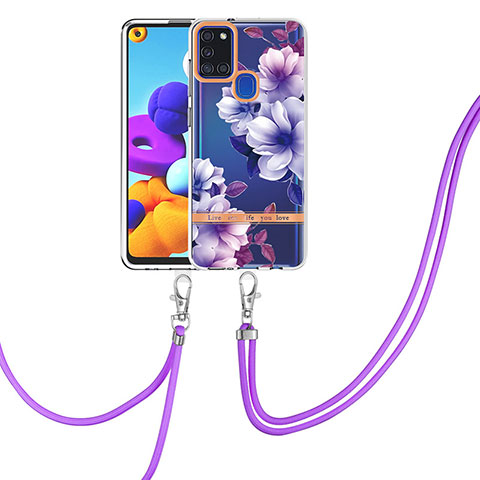 Handyhülle Silikon Hülle Gummi Schutzhülle Flexible Modisch Muster mit Schlüsselband Lanyard Y06B für Samsung Galaxy A21s Violett