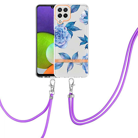 Handyhülle Silikon Hülle Gummi Schutzhülle Flexible Modisch Muster mit Schlüsselband Lanyard Y06B für Samsung Galaxy A22 4G Blau