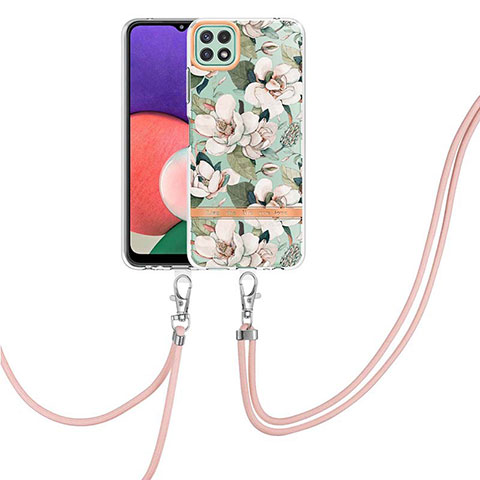 Handyhülle Silikon Hülle Gummi Schutzhülle Flexible Modisch Muster mit Schlüsselband Lanyard Y06B für Samsung Galaxy A22 5G Weiß