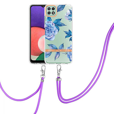 Handyhülle Silikon Hülle Gummi Schutzhülle Flexible Modisch Muster mit Schlüsselband Lanyard Y06B für Samsung Galaxy A22s 5G Blau