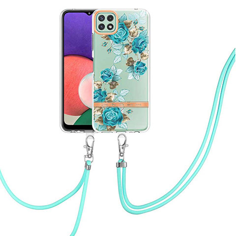 Handyhülle Silikon Hülle Gummi Schutzhülle Flexible Modisch Muster mit Schlüsselband Lanyard Y06B für Samsung Galaxy A22s 5G Cyan