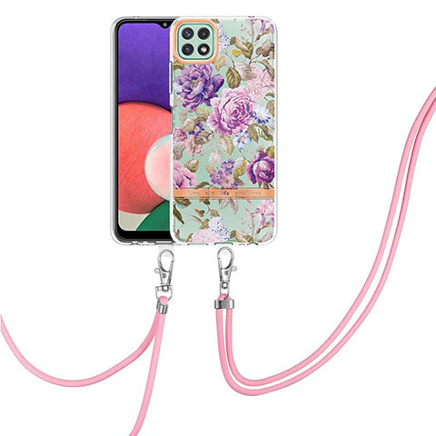 Handyhülle Silikon Hülle Gummi Schutzhülle Flexible Modisch Muster mit Schlüsselband Lanyard Y06B für Samsung Galaxy A22s 5G Helles Lila