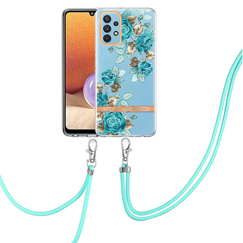 Handyhülle Silikon Hülle Gummi Schutzhülle Flexible Modisch Muster mit Schlüsselband Lanyard Y06B für Samsung Galaxy A32 4G Cyan