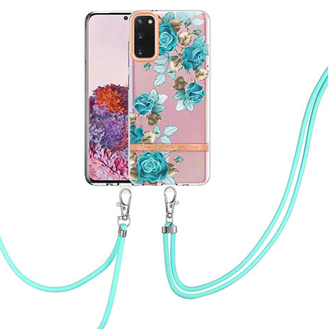 Handyhülle Silikon Hülle Gummi Schutzhülle Flexible Modisch Muster mit Schlüsselband Lanyard Y06B für Samsung Galaxy S20 5G Cyan