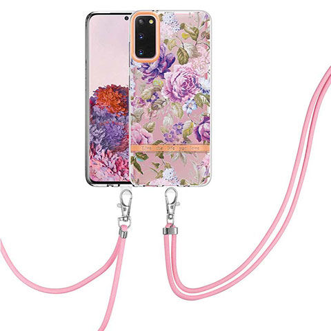 Handyhülle Silikon Hülle Gummi Schutzhülle Flexible Modisch Muster mit Schlüsselband Lanyard Y06B für Samsung Galaxy S20 5G Helles Lila