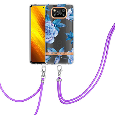 Handyhülle Silikon Hülle Gummi Schutzhülle Flexible Modisch Muster mit Schlüsselband Lanyard Y06B für Xiaomi Poco X3 NFC Blau