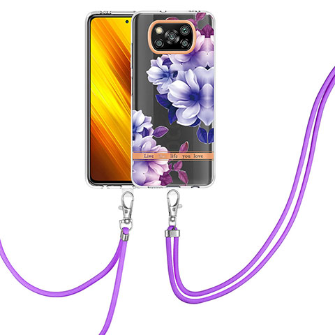 Handyhülle Silikon Hülle Gummi Schutzhülle Flexible Modisch Muster mit Schlüsselband Lanyard Y06B für Xiaomi Poco X3 NFC Violett