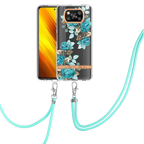 Handyhülle Silikon Hülle Gummi Schutzhülle Flexible Modisch Muster mit Schlüsselband Lanyard Y06B für Xiaomi Poco X3 Pro Cyan