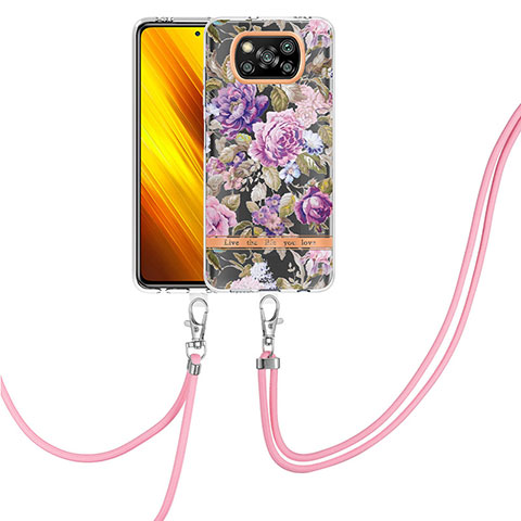 Handyhülle Silikon Hülle Gummi Schutzhülle Flexible Modisch Muster mit Schlüsselband Lanyard Y06B für Xiaomi Poco X3 Pro Helles Lila