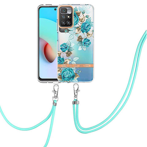 Handyhülle Silikon Hülle Gummi Schutzhülle Flexible Modisch Muster mit Schlüsselband Lanyard Y06B für Xiaomi Redmi 10 (2022) Cyan