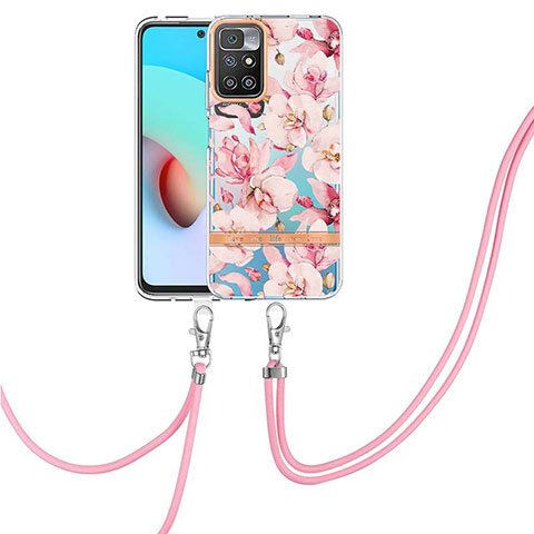 Handyhülle Silikon Hülle Gummi Schutzhülle Flexible Modisch Muster mit Schlüsselband Lanyard Y06B für Xiaomi Redmi 10 (2022) Rosa