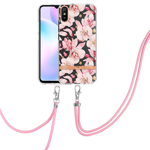 Handyhülle Silikon Hülle Gummi Schutzhülle Flexible Modisch Muster mit Schlüsselband Lanyard Y06B für Xiaomi Redmi 9A Rosa