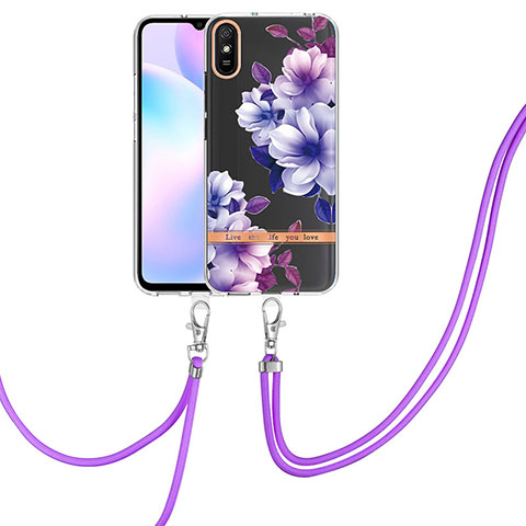 Handyhülle Silikon Hülle Gummi Schutzhülle Flexible Modisch Muster mit Schlüsselband Lanyard Y06B für Xiaomi Redmi 9AT Violett