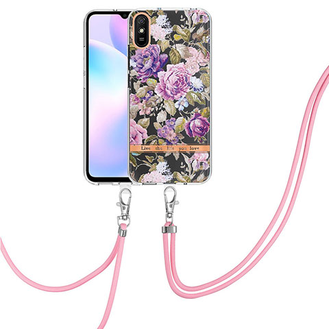 Handyhülle Silikon Hülle Gummi Schutzhülle Flexible Modisch Muster mit Schlüsselband Lanyard Y06B für Xiaomi Redmi 9i Helles Lila