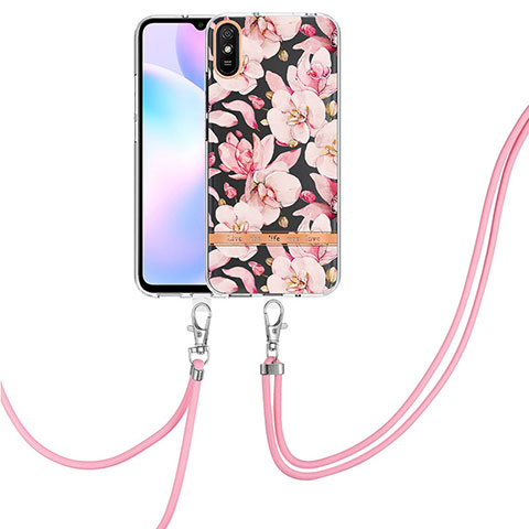 Handyhülle Silikon Hülle Gummi Schutzhülle Flexible Modisch Muster mit Schlüsselband Lanyard Y06B für Xiaomi Redmi 9i Rosa