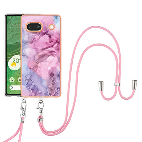 Handyhülle Silikon Hülle Gummi Schutzhülle Flexible Modisch Muster mit Schlüsselband Lanyard Y07B für Google Pixel 7a 5G Helles Lila