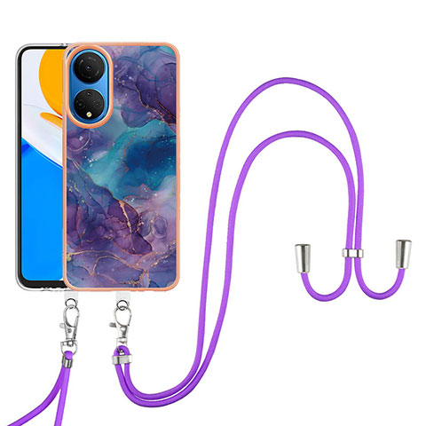 Handyhülle Silikon Hülle Gummi Schutzhülle Flexible Modisch Muster mit Schlüsselband Lanyard Y07B für Huawei Honor X7 Violett