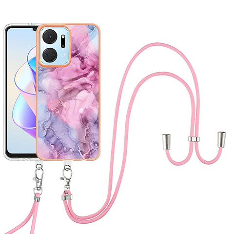 Handyhülle Silikon Hülle Gummi Schutzhülle Flexible Modisch Muster mit Schlüsselband Lanyard Y07B für Huawei Honor X7a Helles Lila