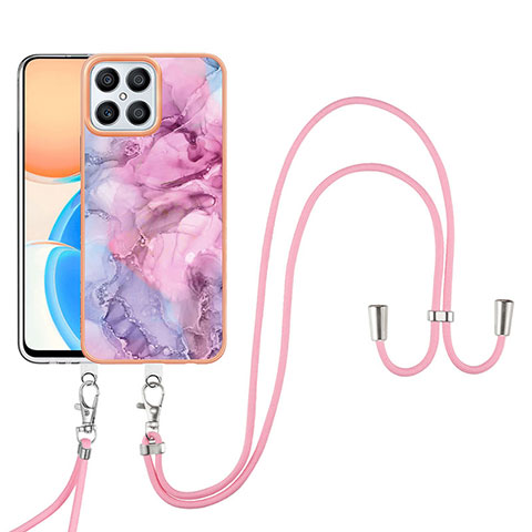 Handyhülle Silikon Hülle Gummi Schutzhülle Flexible Modisch Muster mit Schlüsselband Lanyard Y07B für Huawei Honor X8 4G Helles Lila