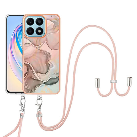 Handyhülle Silikon Hülle Gummi Schutzhülle Flexible Modisch Muster mit Schlüsselband Lanyard Y07B für Huawei Honor X8a 4G Rosa