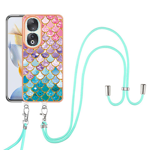 Handyhülle Silikon Hülle Gummi Schutzhülle Flexible Modisch Muster mit Schlüsselband Lanyard YB3 für Huawei Honor 90 5G Bunt