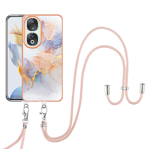 Handyhülle Silikon Hülle Gummi Schutzhülle Flexible Modisch Muster mit Schlüsselband Lanyard YB3 für Huawei Honor 90 5G Helles Lila