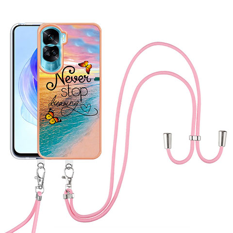 Handyhülle Silikon Hülle Gummi Schutzhülle Flexible Modisch Muster mit Schlüsselband Lanyard YB3 für Huawei Honor 90 Lite 5G Plusfarbig