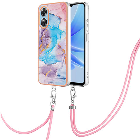 Handyhülle Silikon Hülle Gummi Schutzhülle Flexible Modisch Muster mit Schlüsselband Lanyard YB3 für Oppo A17 Blau