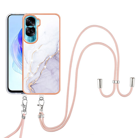 Handyhülle Silikon Hülle Gummi Schutzhülle Flexible Modisch Muster mit Schlüsselband Lanyard YB5 für Huawei Honor 90 Lite 5G Weiß