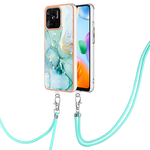 Handyhülle Silikon Hülle Gummi Schutzhülle Flexible Modisch Muster mit Schlüsselband Lanyard YB5 für Xiaomi Redmi 10 India Grün