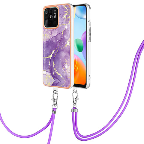 Handyhülle Silikon Hülle Gummi Schutzhülle Flexible Modisch Muster mit Schlüsselband Lanyard YB5 für Xiaomi Redmi 10 India Violett