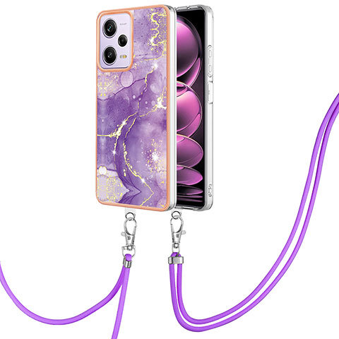 Handyhülle Silikon Hülle Gummi Schutzhülle Flexible Modisch Muster mit Schlüsselband Lanyard YB5 für Xiaomi Redmi Note 12 Pro 5G Violett