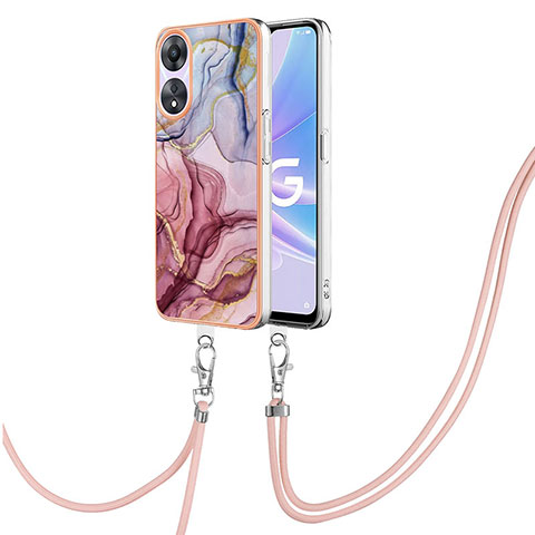 Handyhülle Silikon Hülle Gummi Schutzhülle Flexible Modisch Muster mit Schlüsselband Lanyard YB7 für Oppo A58 5G Helles Lila